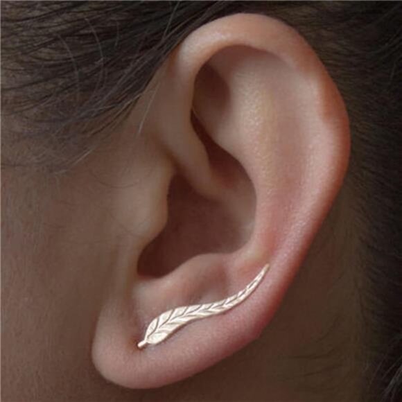 Boho Gold Leaf Ear Crawler Earrings – Ear Climbers & Ear Cuffs for Women - Picture 1 of 5